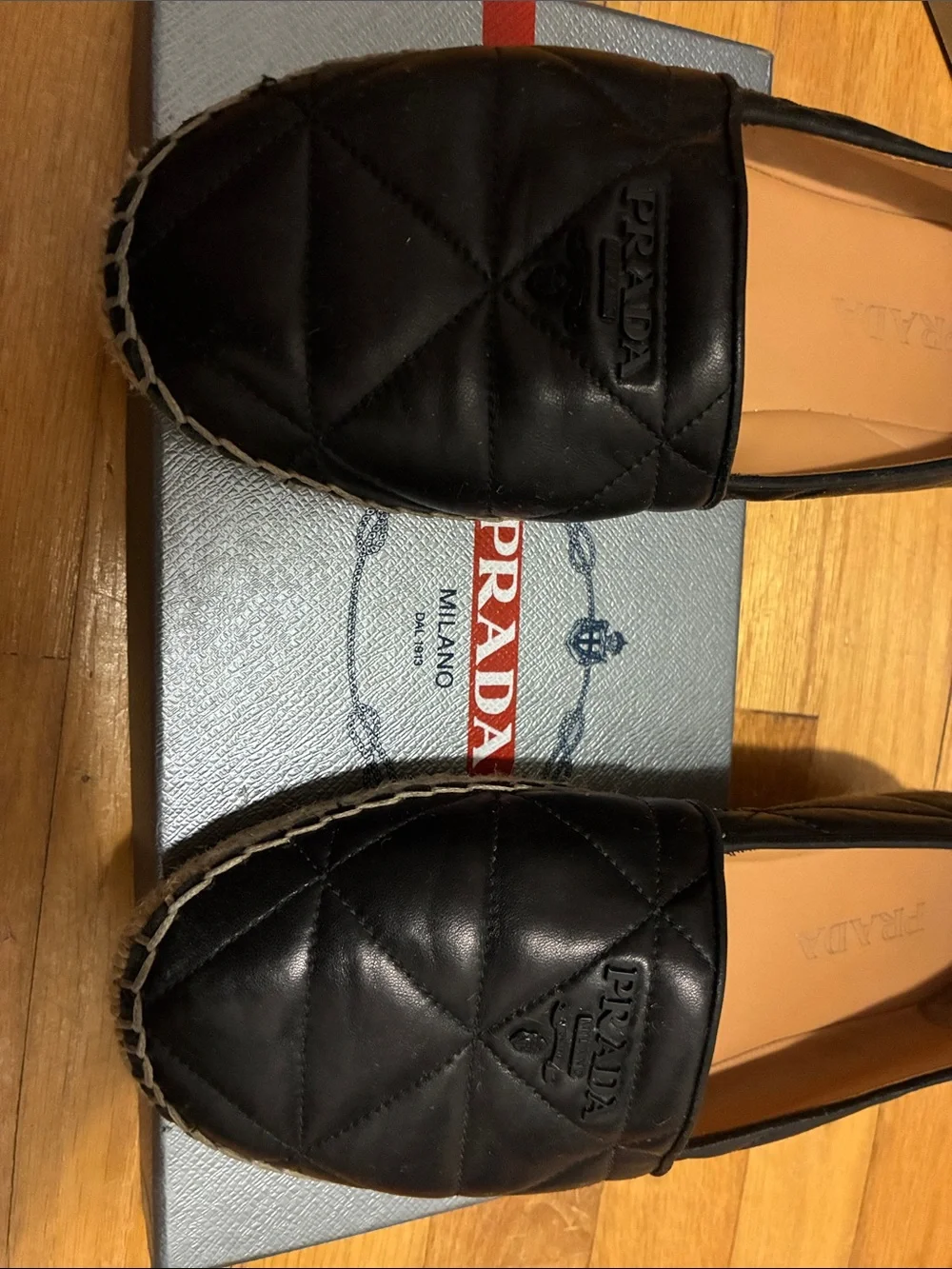 Prada Black Quilted Nappa Leather Espadrilles Triangle Logo 8.5  Box Authentic